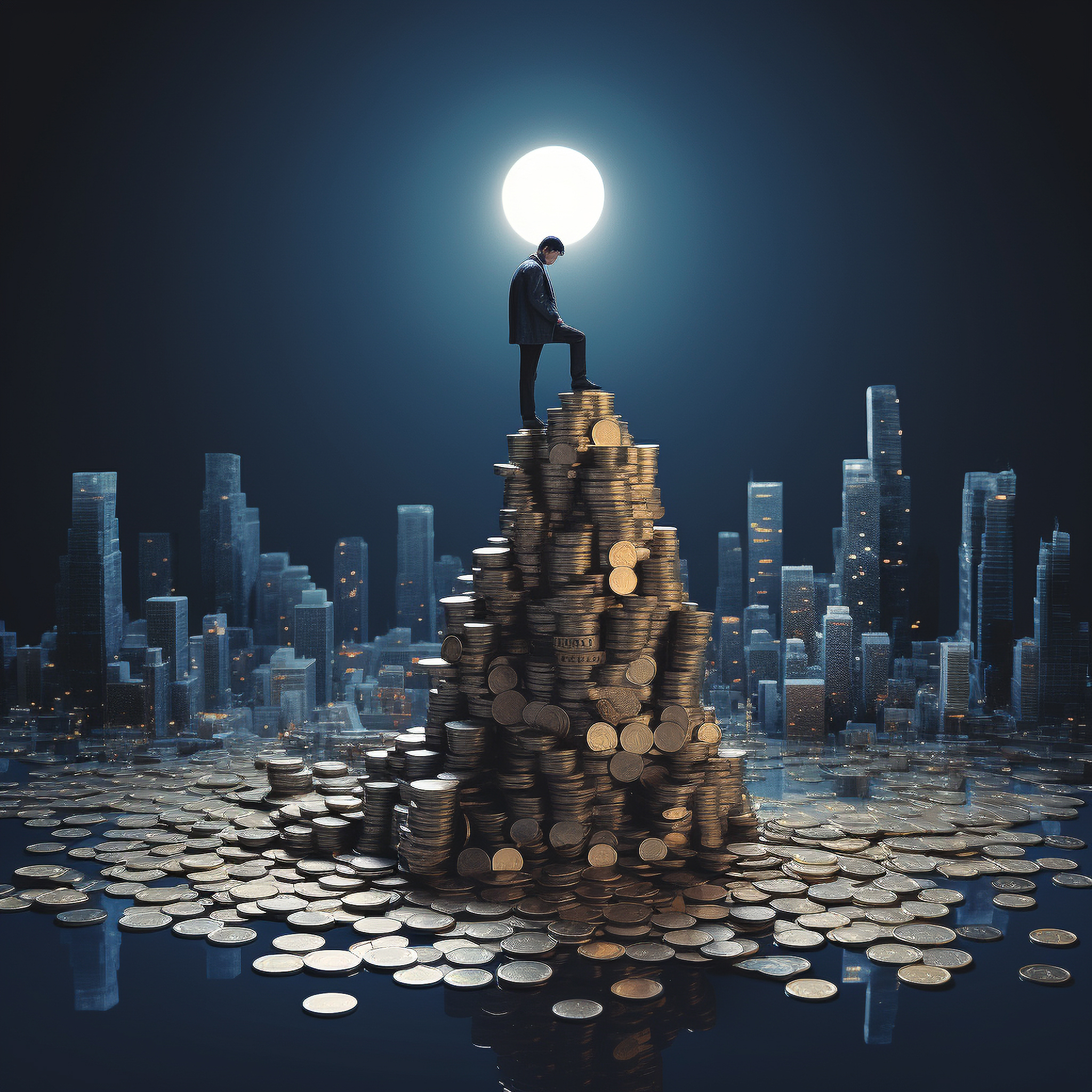 A man climbing on the bunch of coins - startup studio
